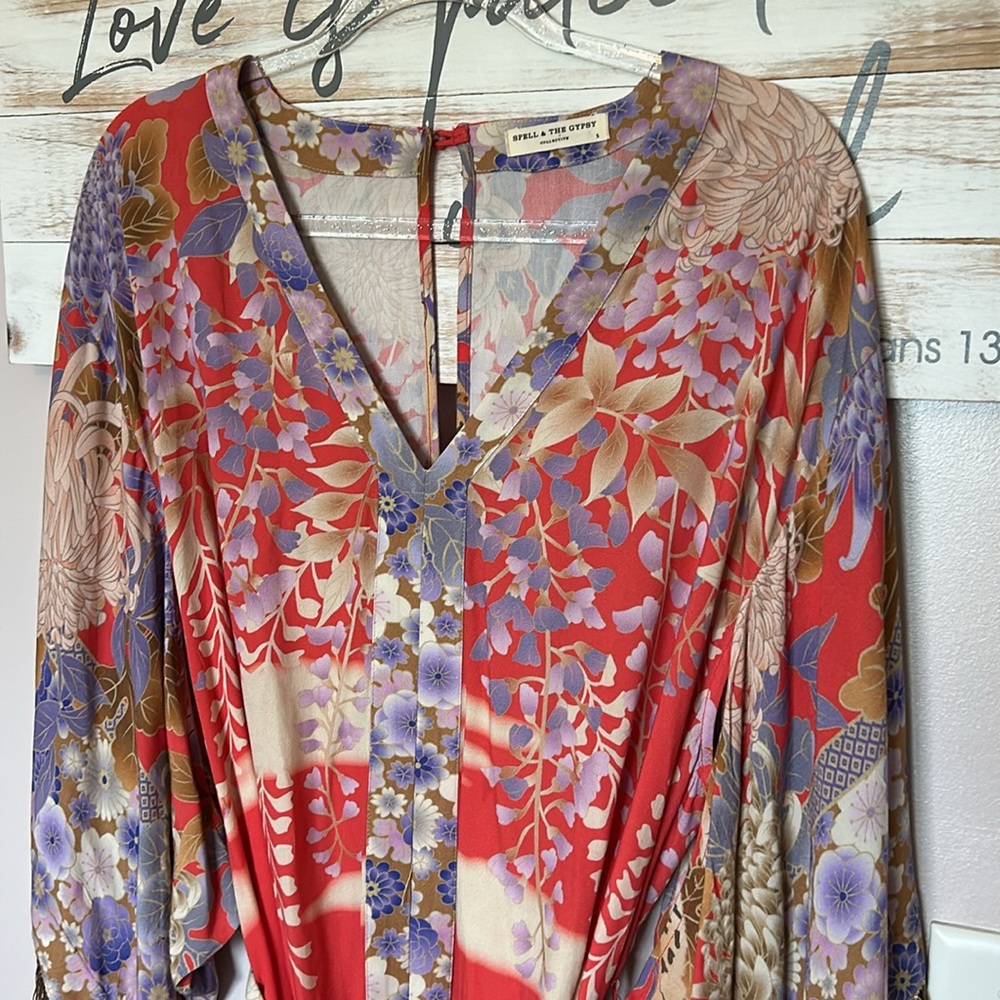 Spell & the Gypsy Floral Kimono Dress with Fringe Size Small - Picture 3 of 5